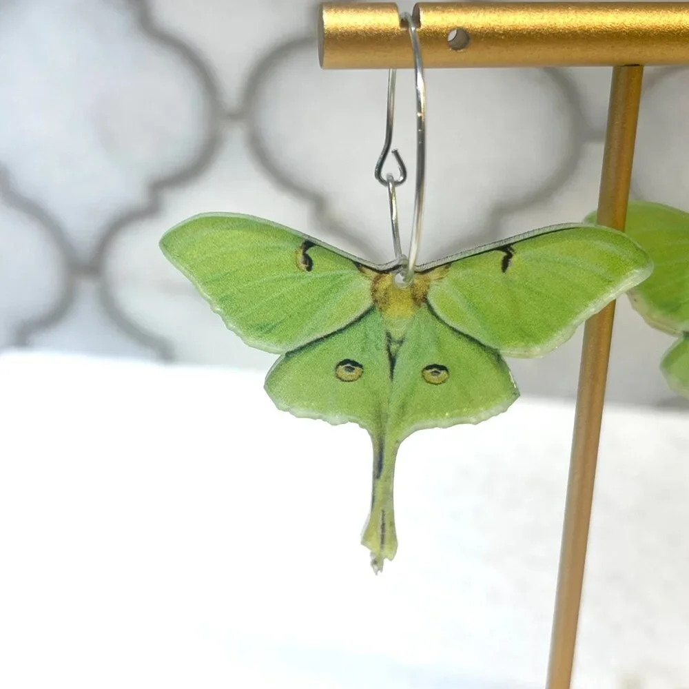 Green Luna Moth Acrylic Hoop Earrings – Statement Nature Earrings - Picture 4 of 4